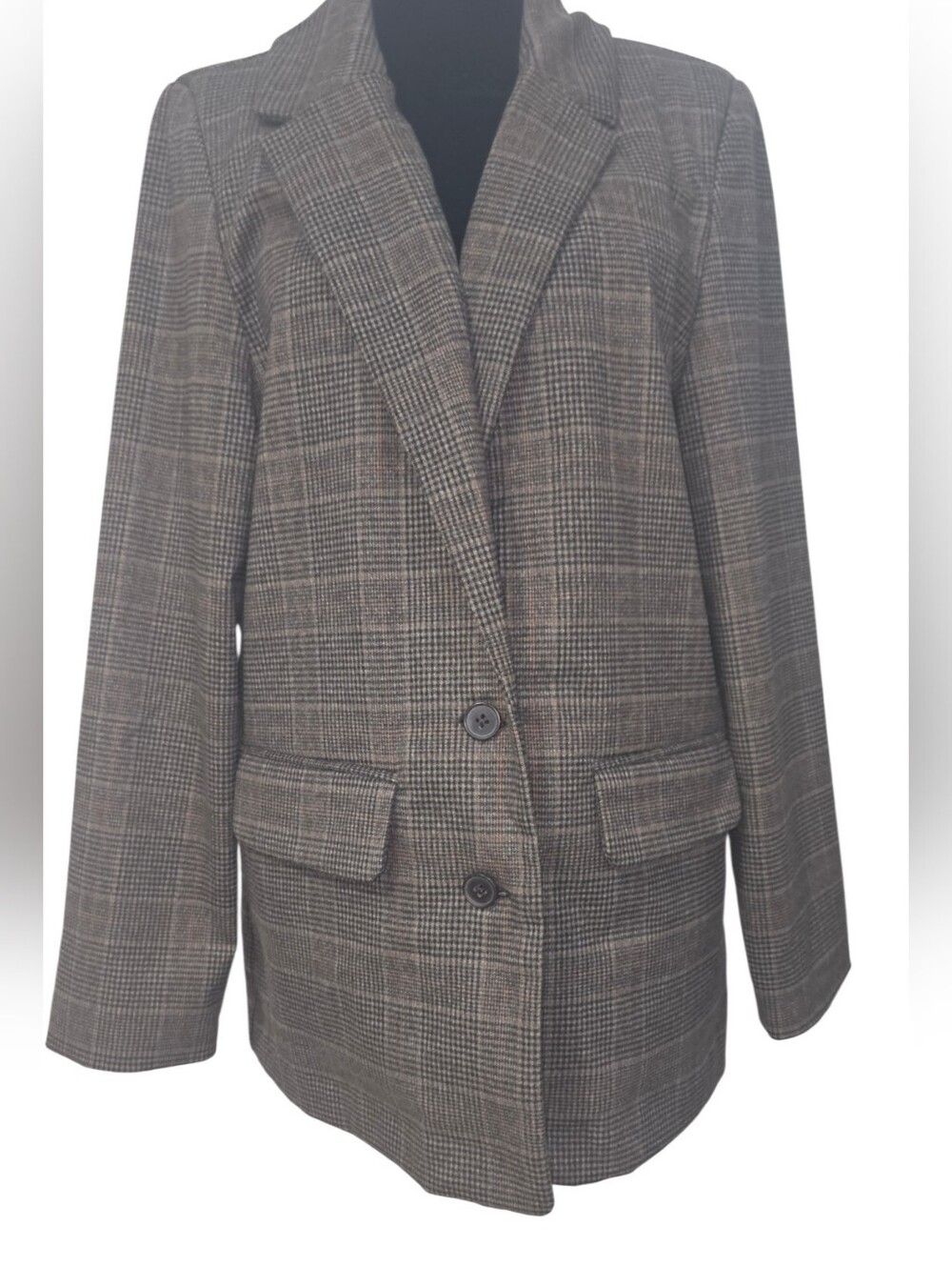 Old Navy Relaxed Twill Blazer M Brown Plaid 2 Button Jacket - Picture 2 of 11